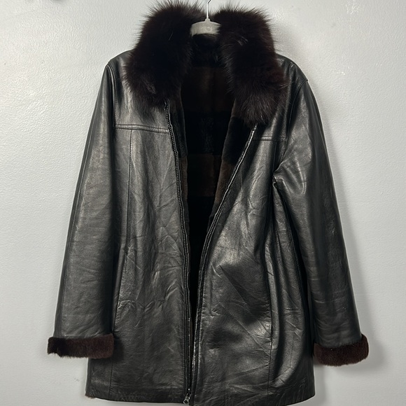Vintage Black Leather Zipper Front Fur collar, sleeve w faux fur lining size 4-6 - Picture 9 of 16
